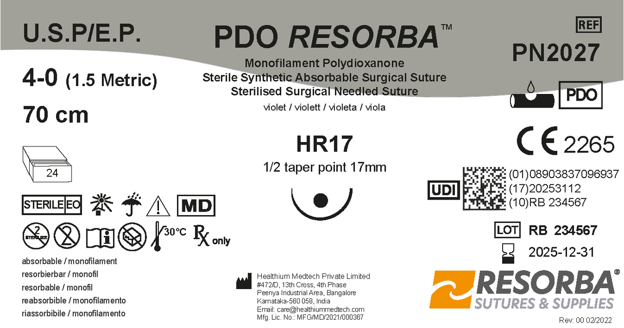 ПДО Ресорба USP4-0 фіолетовий, довжина 70см, колюча голка 17 мм, 1/2 кола